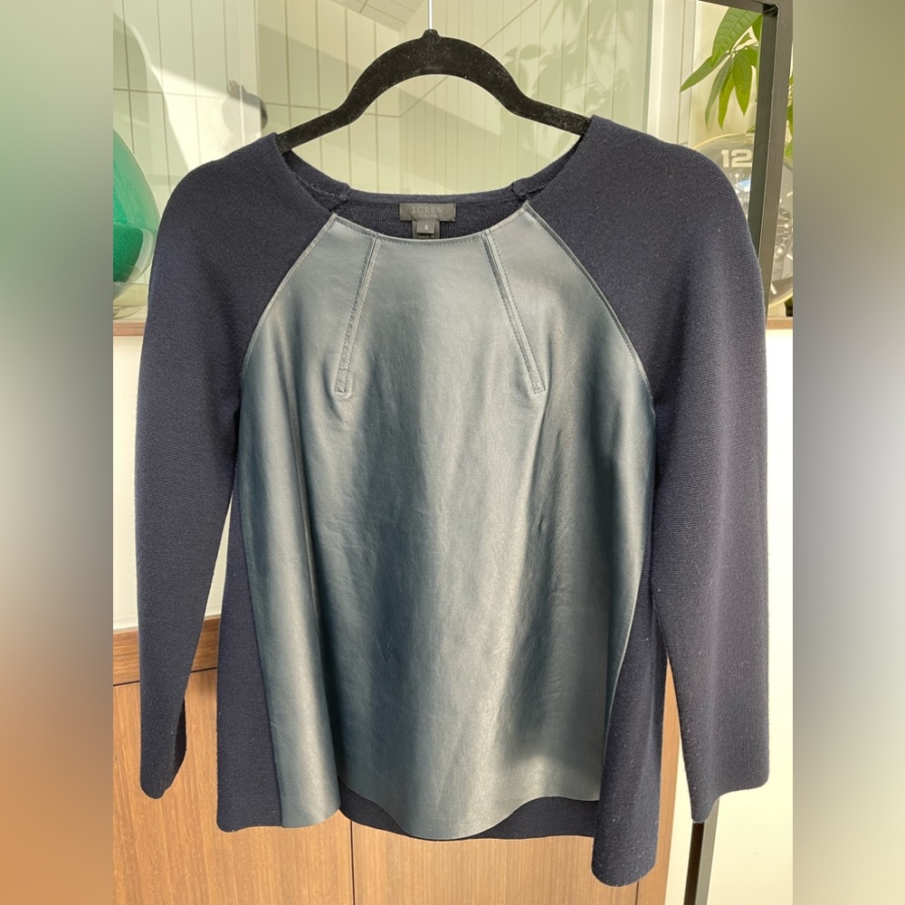 EUC Women’s J CREW Navy Merino Wool Sweater With Leather Front M